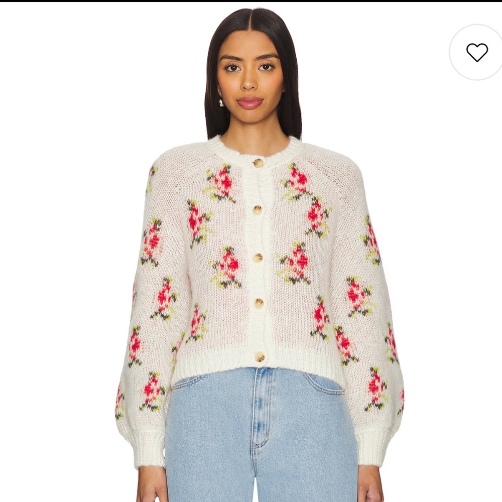 THE GREAT. Floral Knit Cardigan - White and Pink